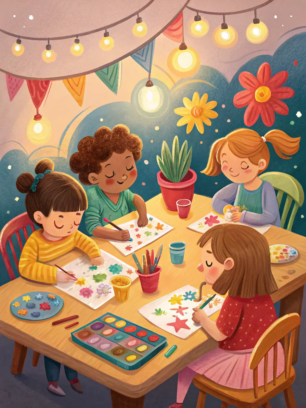 A group of children with disabilities participating in an art therapy session, smiling and engaged in their creative projects, set in a bright and supportive environment.