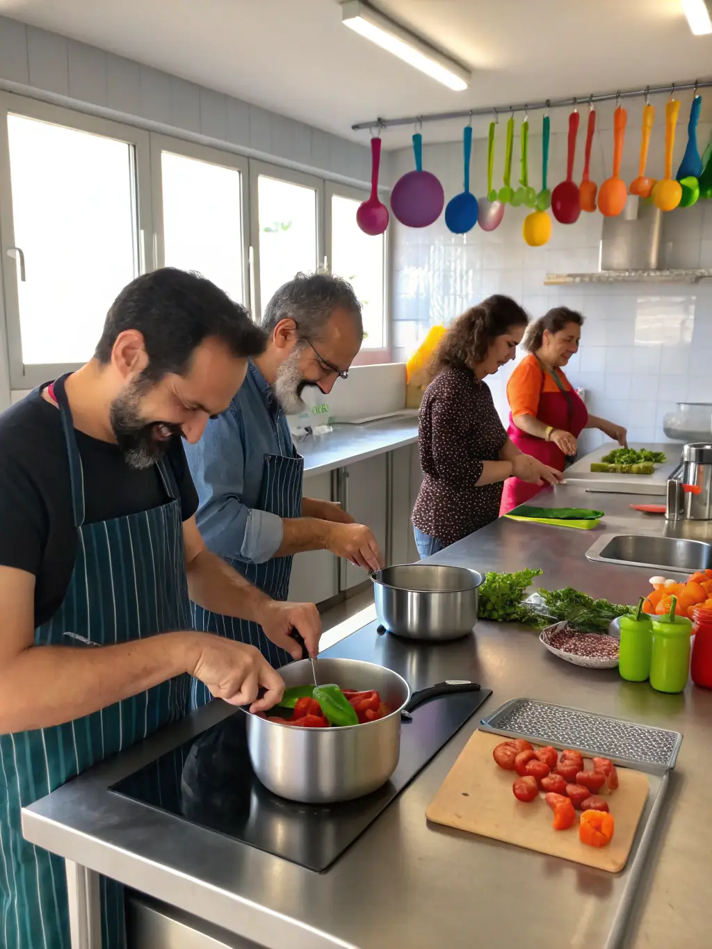 Adults with disabilities participating in a social integration activity, such as a cooking class, interacting positively and learning new skills together.