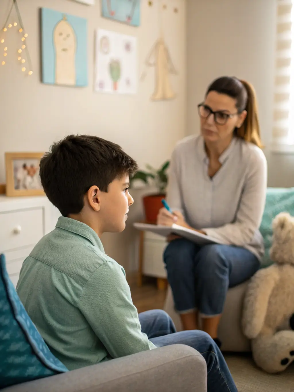 A therapist working with an adolescent with a disability during a counseling session, providing guidance and support in a comfortable and private setting.