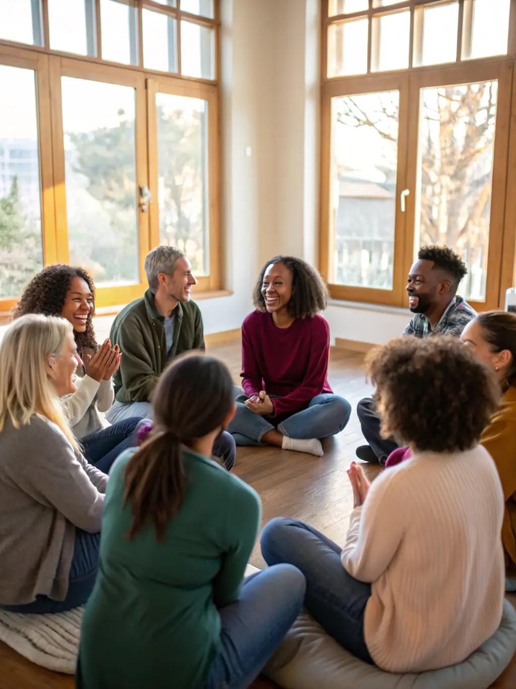 A photograph of adolescents engaged in a group counseling session, emphasizing peer support and emotional well-being.
